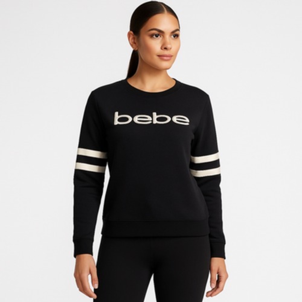 BEBE Sport Black Logo Sweatshirt Varsity Stripe Sleeve Pullover Women Large